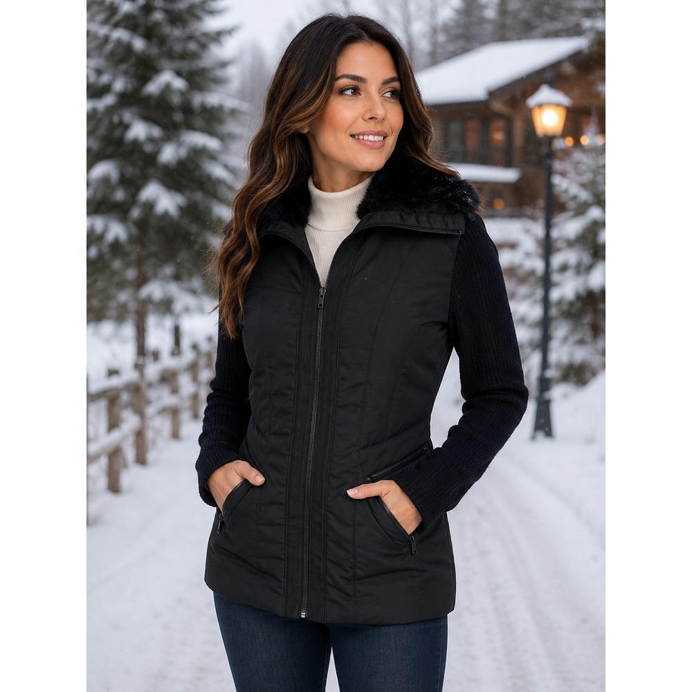 CRIPPLE CREEK Women's Small Black Puffer Jacket With Faux Fur Collar -1801